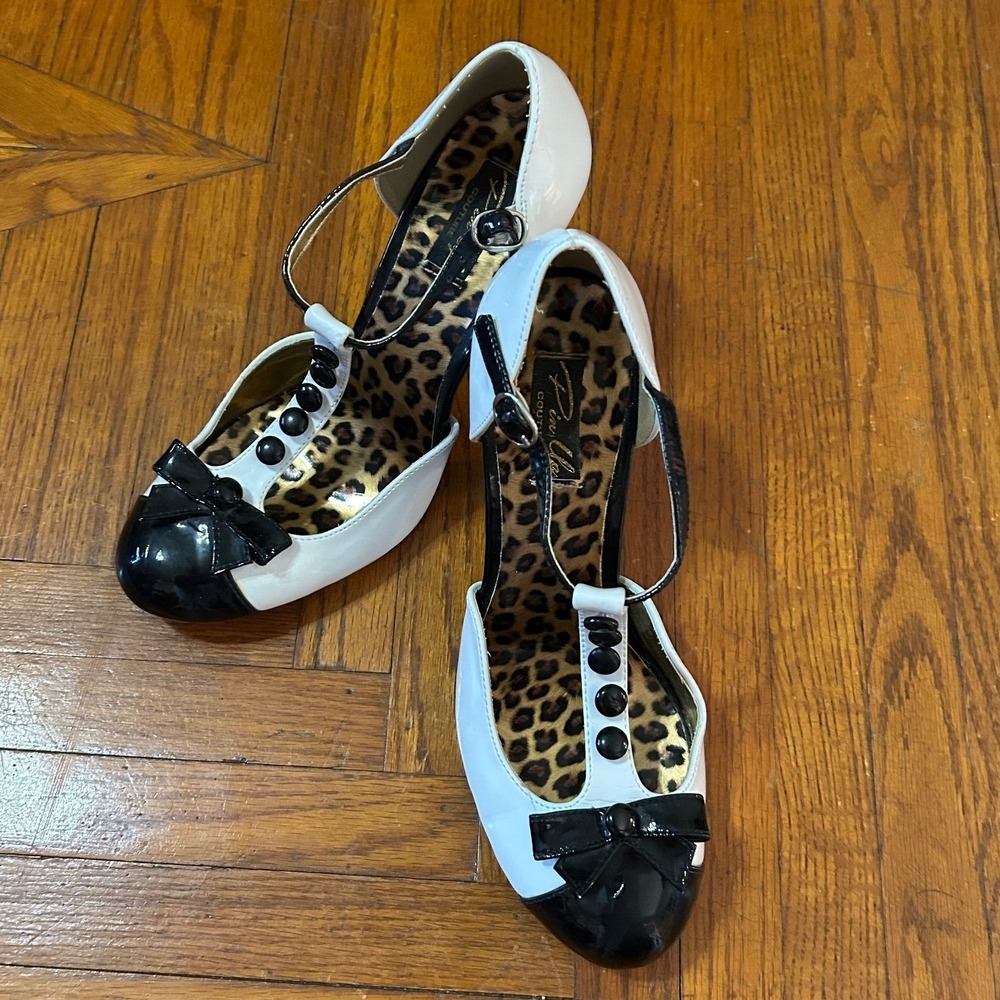 Pin Up Couture Smitten-10 Black White Patent T-Strap Bow Rockabilly Heels Sz 8